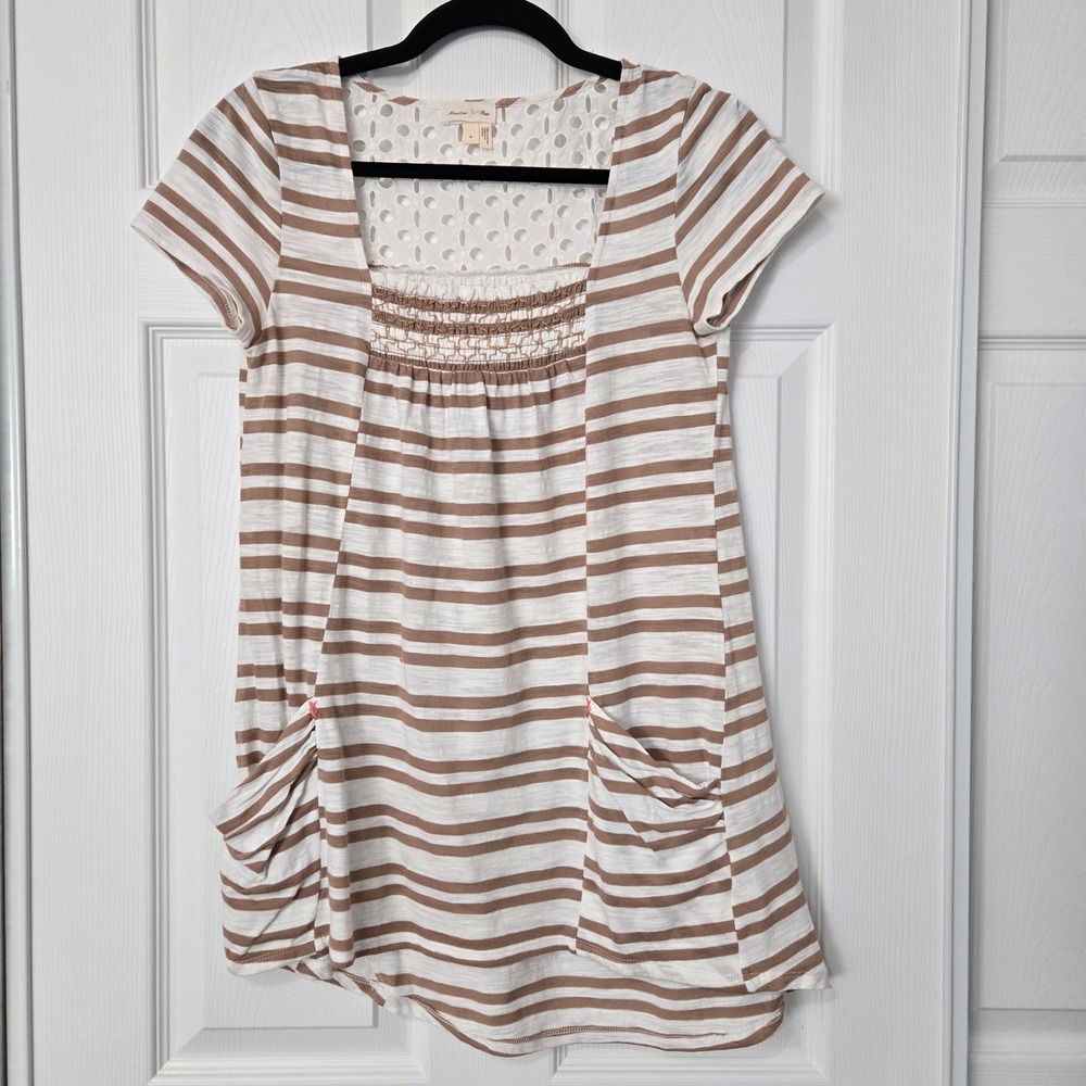 Meadow Rue y2k Tan White Striped Tunic Top Eyelet Lace Smocked Square Neck Small